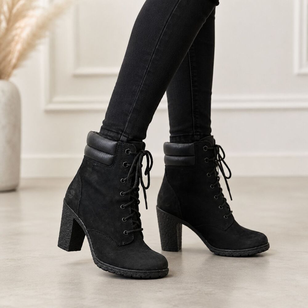 Timberland Tillston Black Suede Leather High Heel Lace Up Boots Womens Size 5.5